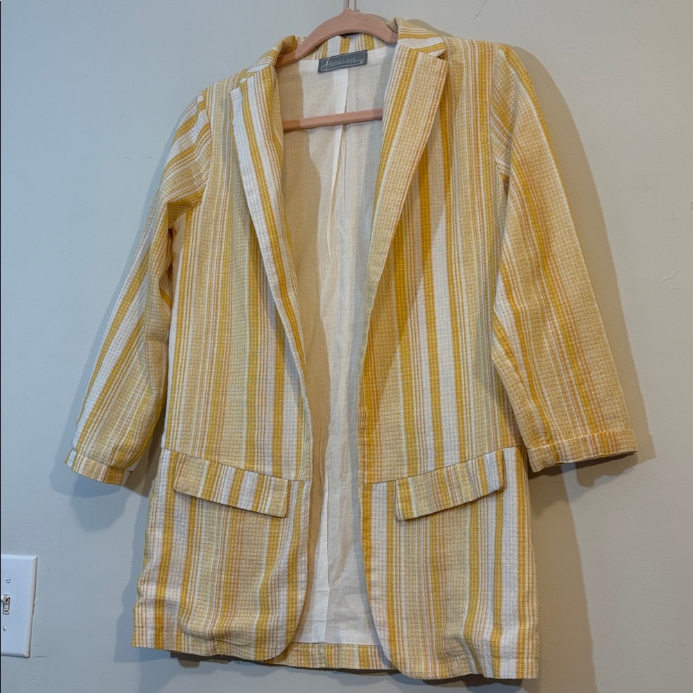Butter Yellow and White Stripe Blazer 100% Cotton Quarter Sleeve, Sunny Colorful